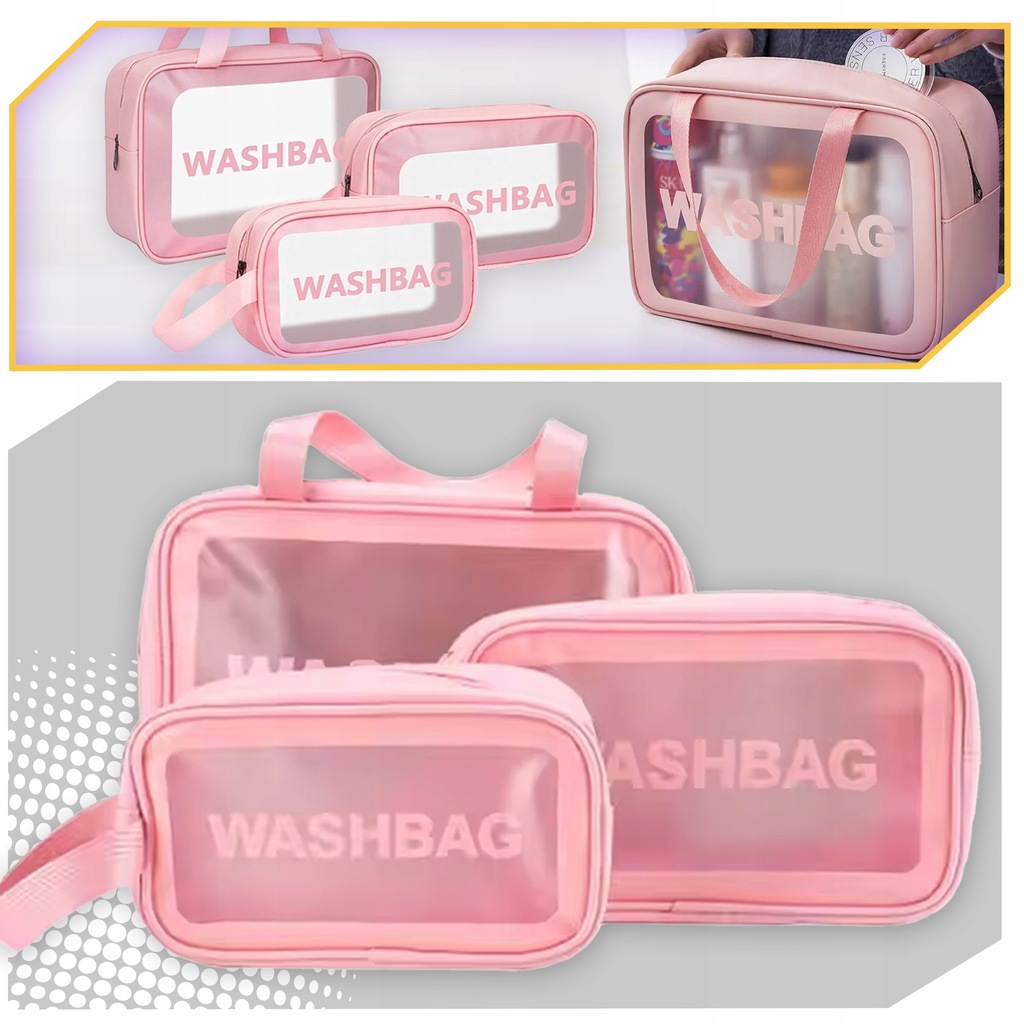 ZESTAW 3x KOSMETYCZKA PODRÓŻNA PRZEŹROCZYSTA WASHBAG DAMSKA RÓŻOWA Kod producenta Kosmetyczka podróżna damska różowa